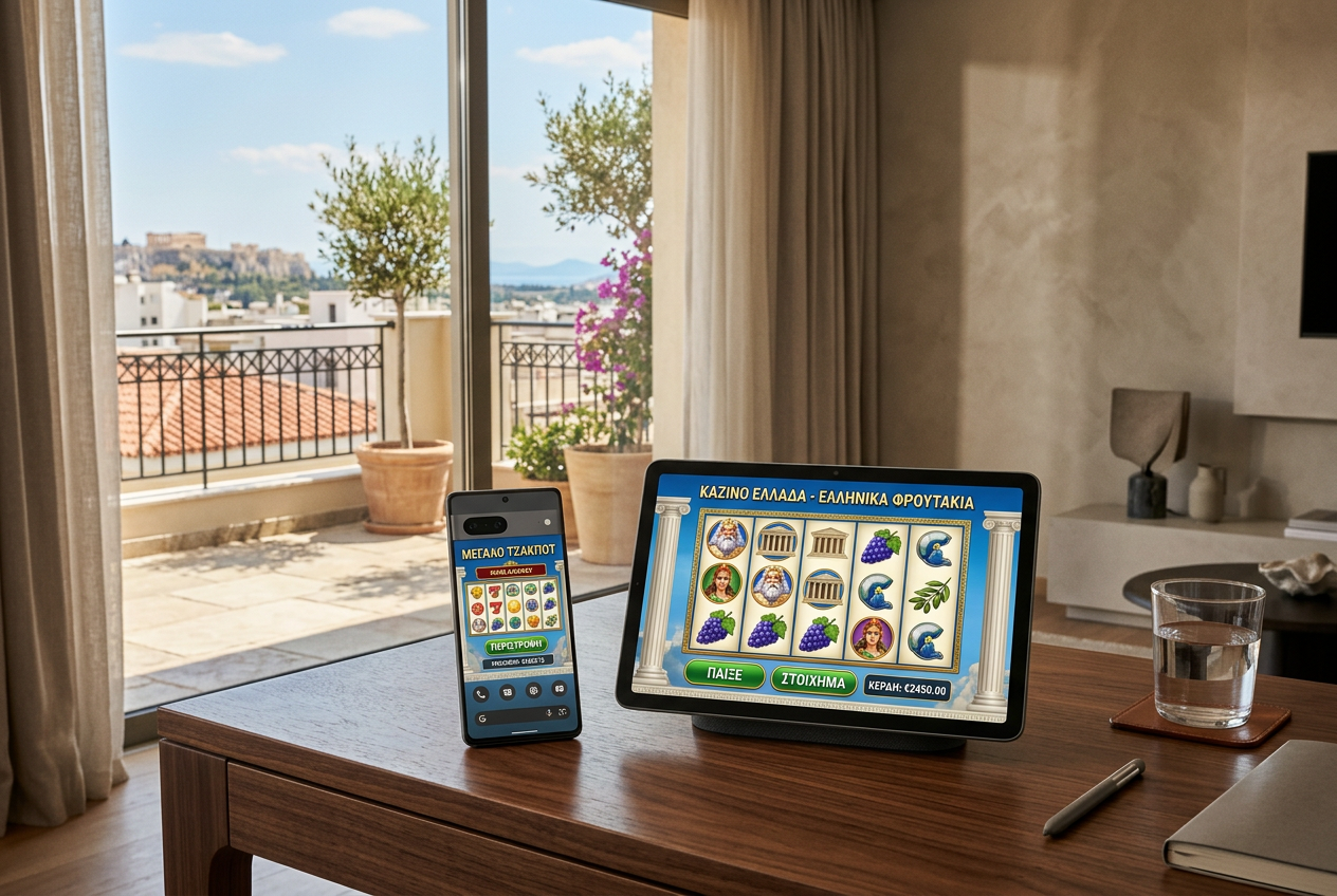 Modern digital devices showing casino games in a Greek setting