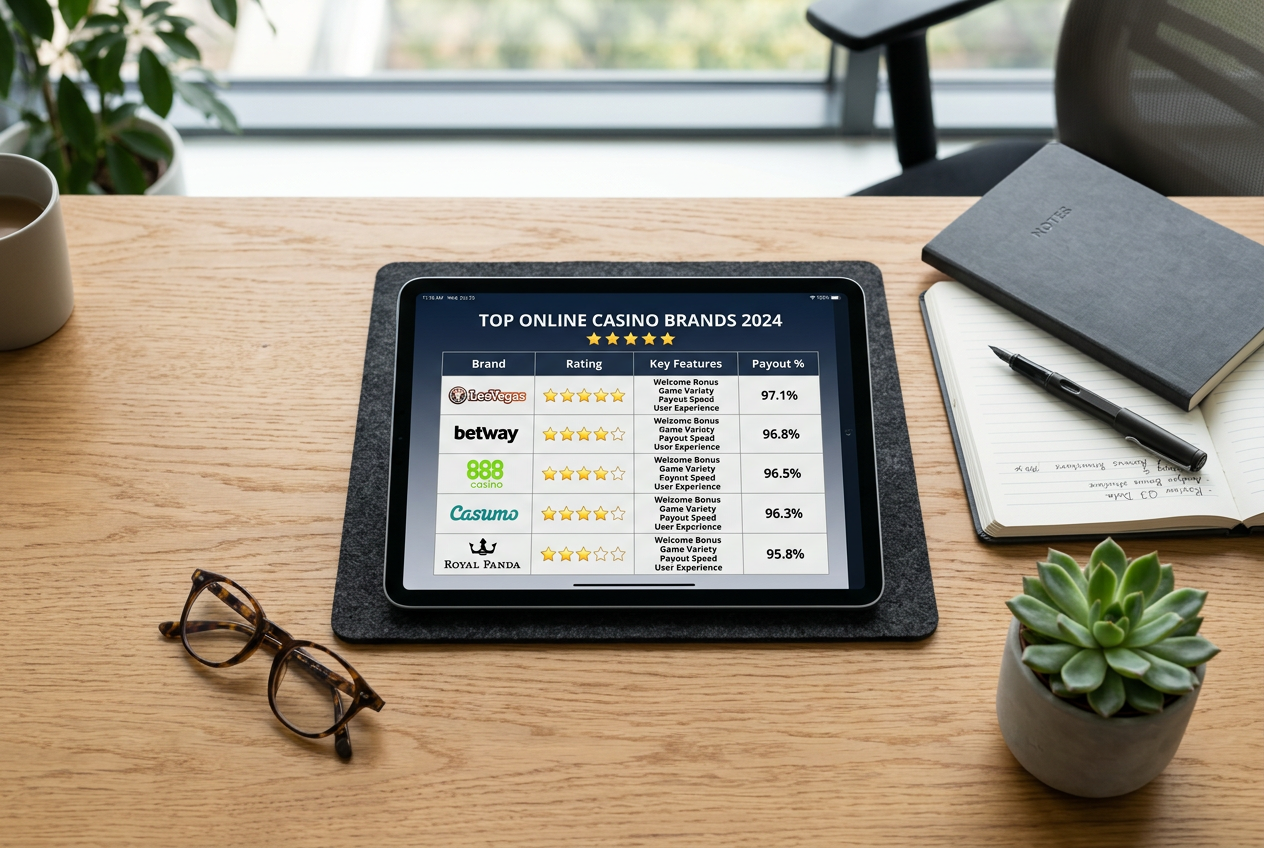 A professional workspace with a tablet displaying casino comparison data.