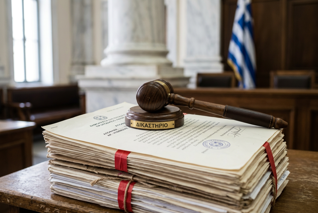 Legal documents and a gavel representing Greek gaming regulations.